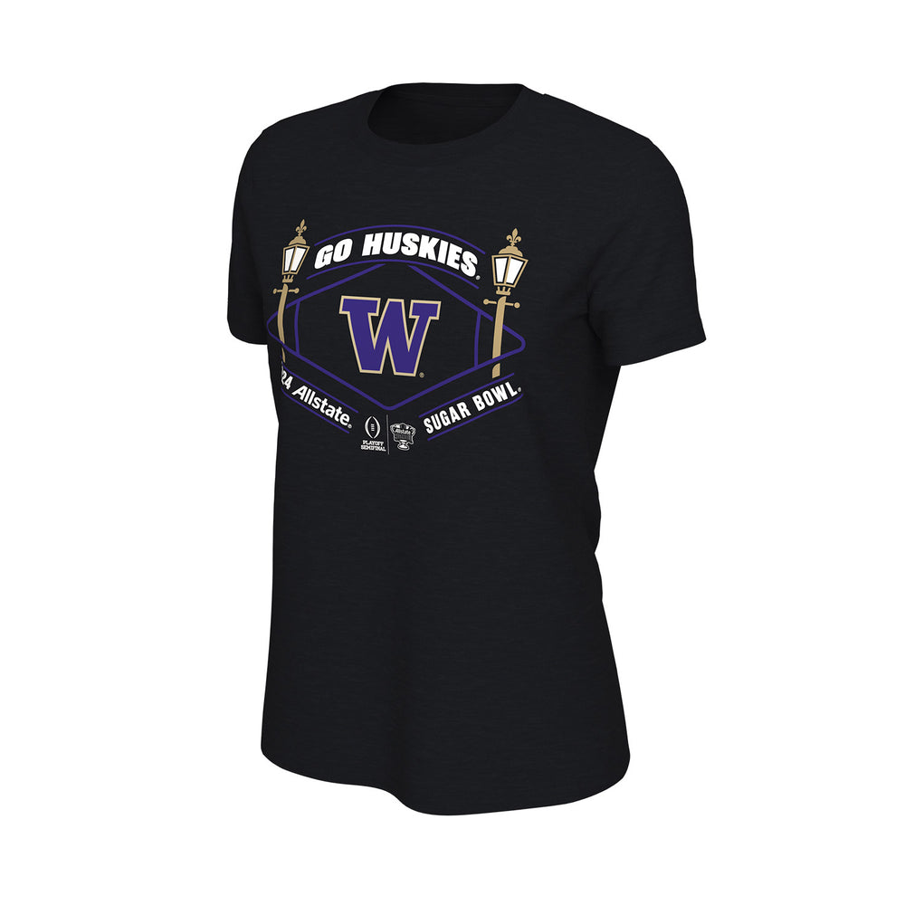 Ladies College Football Playoff Nike 2024 #2 Washington Sugar Bowl Bound Black T-Shirt