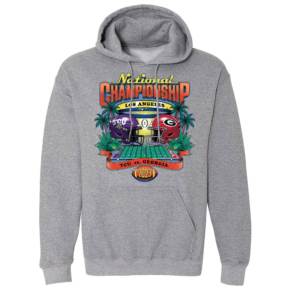 College Football Playoff 2023 National Championship Game Helmet Head to Head Grey Hooded Sweatshirt