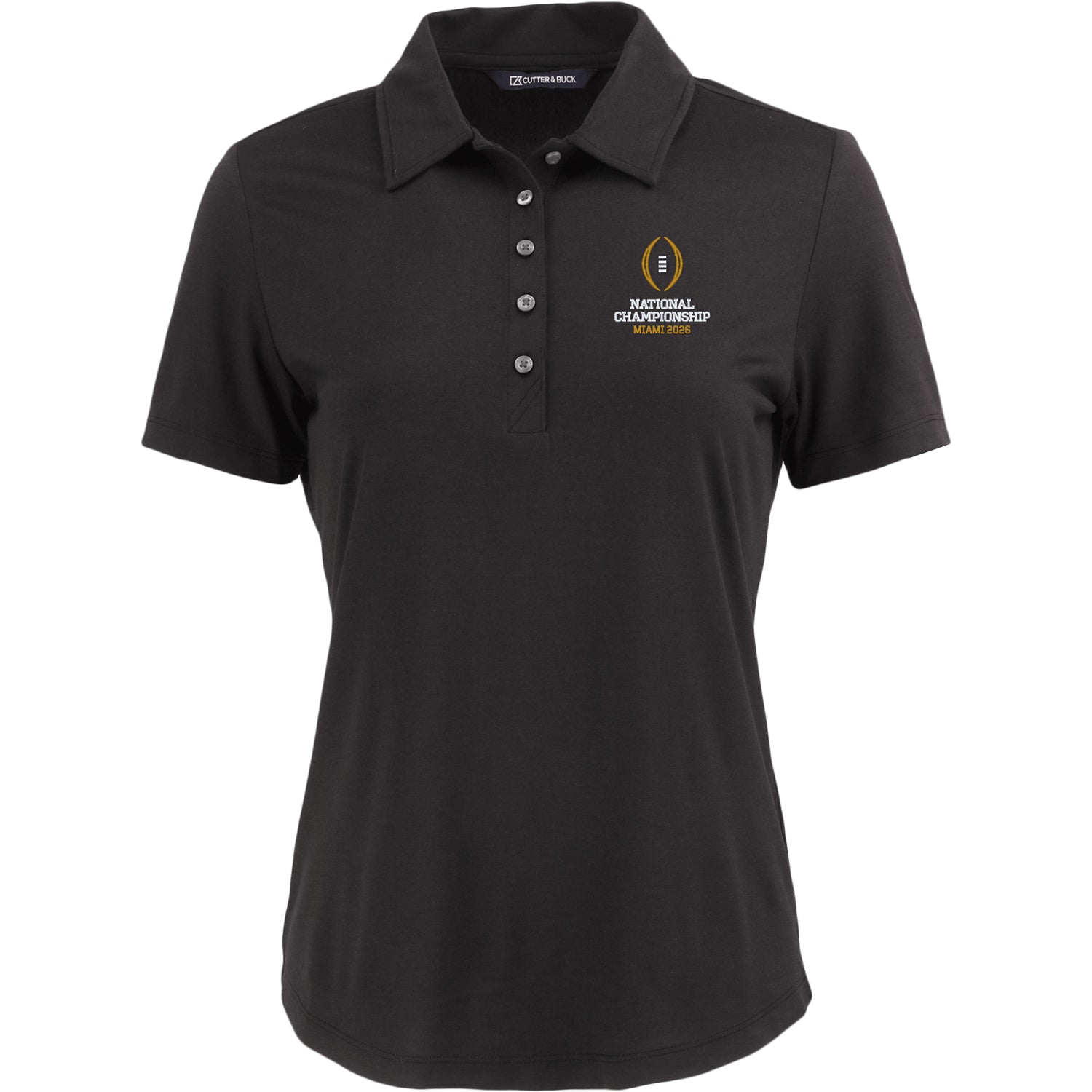 Ladies College Football Playoff National Championship Game 2026 Cutter & Buck Coastline Epic Comfort Recycled Polo In Black - Front VIew