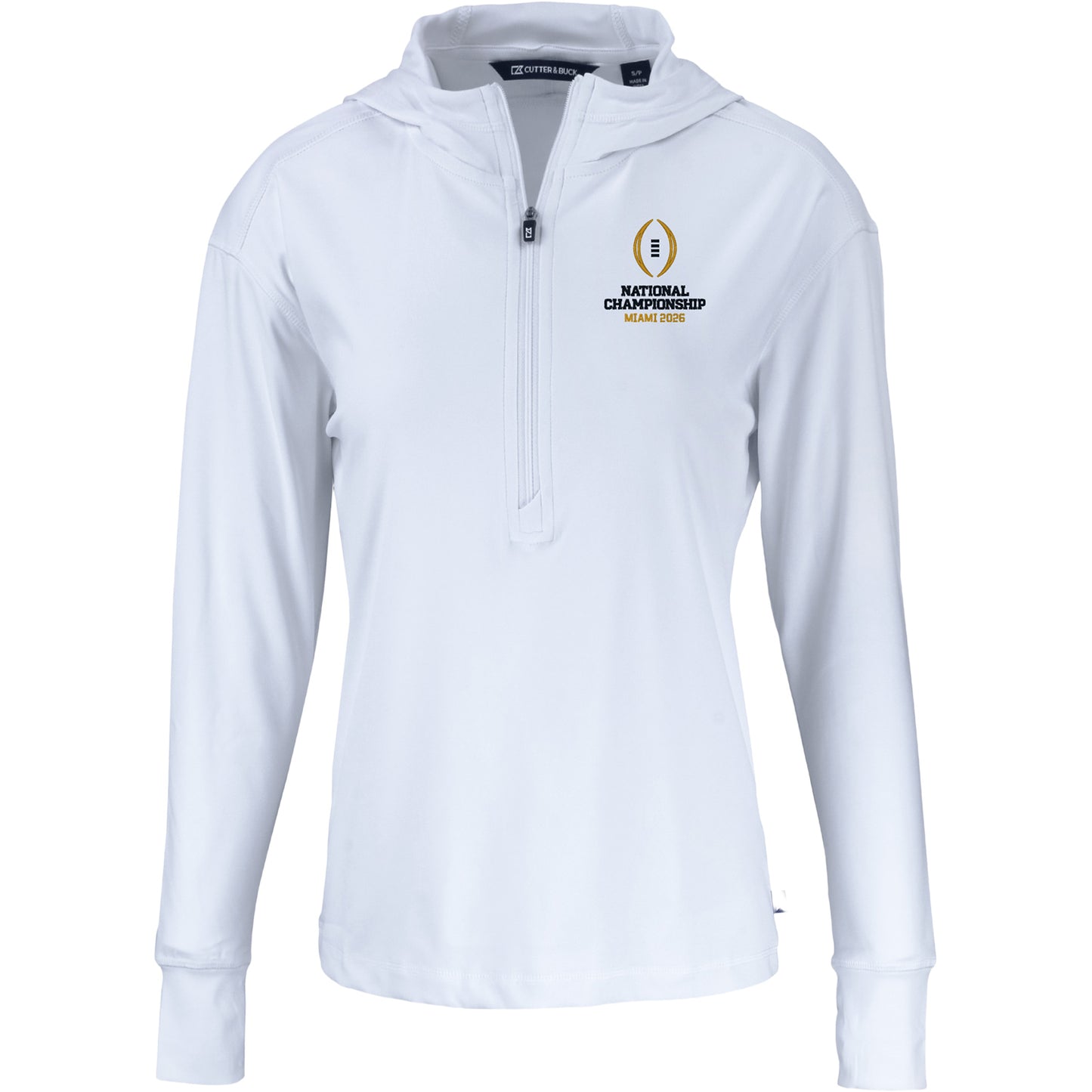 Ladies College Football Playoff National Championship Game 2026 Cutter & Buck Daybreak Eco Recycled 1/4 Zip Hooded Jacket In White - Front View