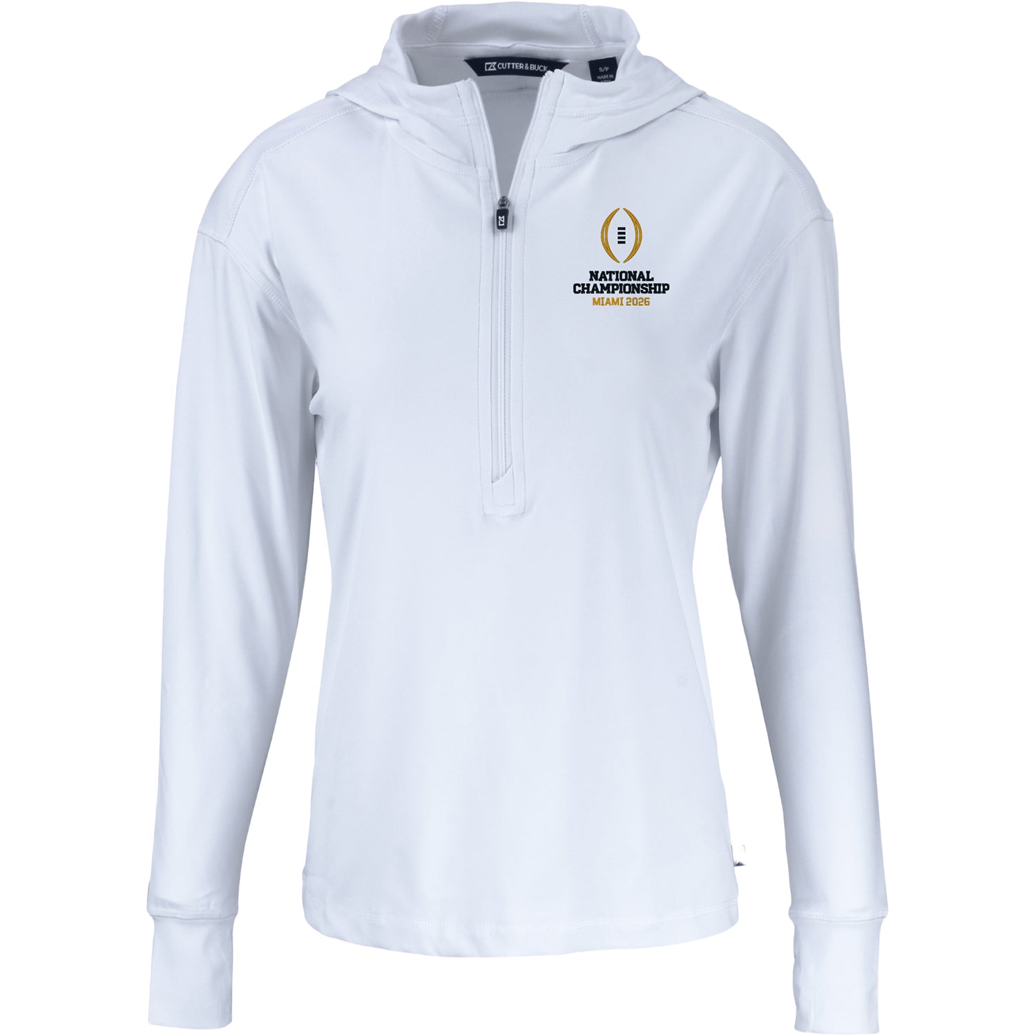 Ladies College Football Playoff National Championship Game 2026 Cutter & Buck Daybreak Eco Recycled 1/4 Zip Hooded Jacket In White - Front View