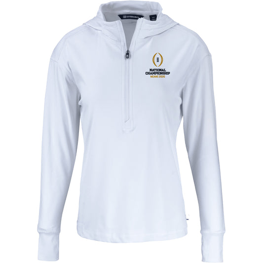 Ladies College Football Playoff National Championship Game 2026 Cutter & Buck Daybreak Eco Recycled 1/4 Zip Hooded Jacket In White - Front View