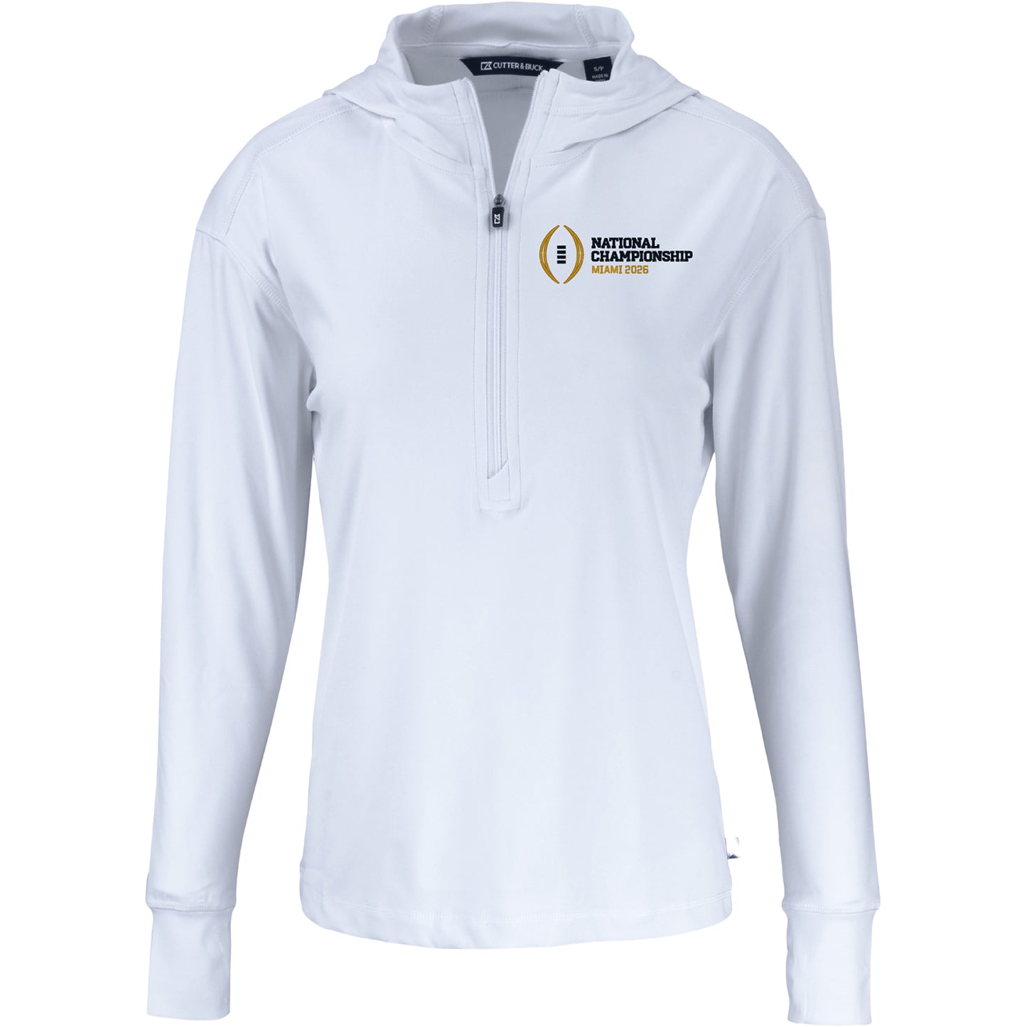 Ladies College Football Playoff National Championship Game 2026 Cutter & Buck Daybreak Eco Recycled 1/4 Zip Hooded Jacket In White - Front View