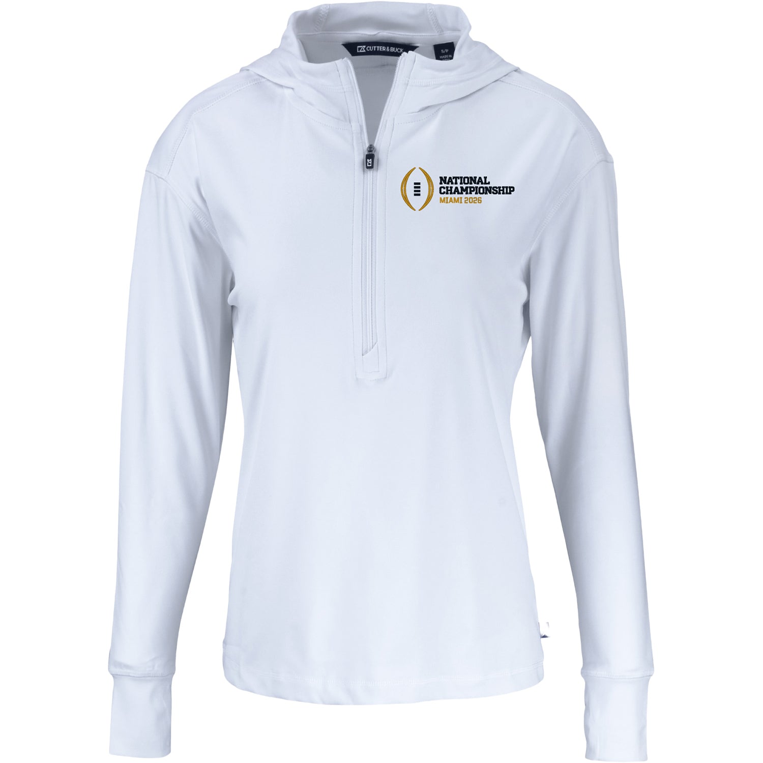 Ladies College Football Playoff National Championship Game 2026 Cutter & Buck Daybreak Eco Recycled 1/4 Zip Hooded Jacket In White - Front View