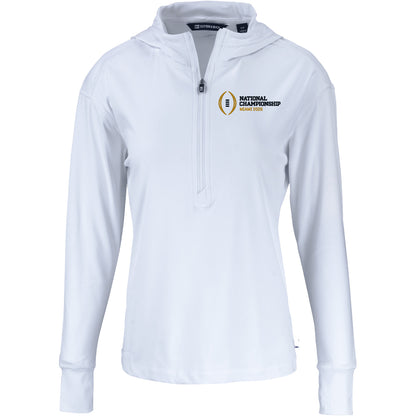 Ladies College Football Playoff National Championship Game 2026 Cutter & Buck Daybreak Eco Recycled 1/4 Zip Hooded Jacket In White - Front View