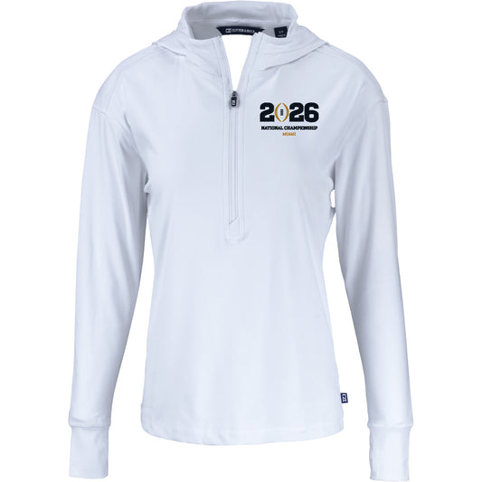 Ladies College Football Playoff National Championship Game 2026 Cutter & Buck Daybreak Eco Recycled 1/4 Zip Hooded Jacket In White - Front View