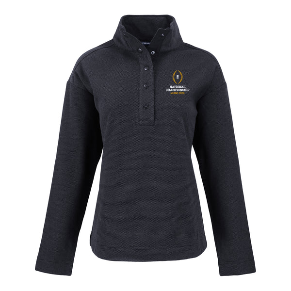 Ladies College Football Playoff National Championship Game 2026 Vertical Logo Hunts Point Eco Textured Fleece Recycled Womens Snap Jacket - Front View