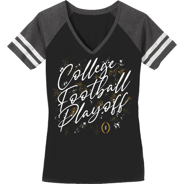 Ladies College Football Playoff V-Neck Splatter Black T-Shirt - Front View