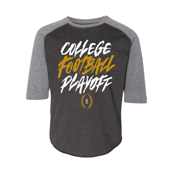Youth College Football Playoff Wordmark Raglan Charcoal 3/4 T-Shirt - Front View